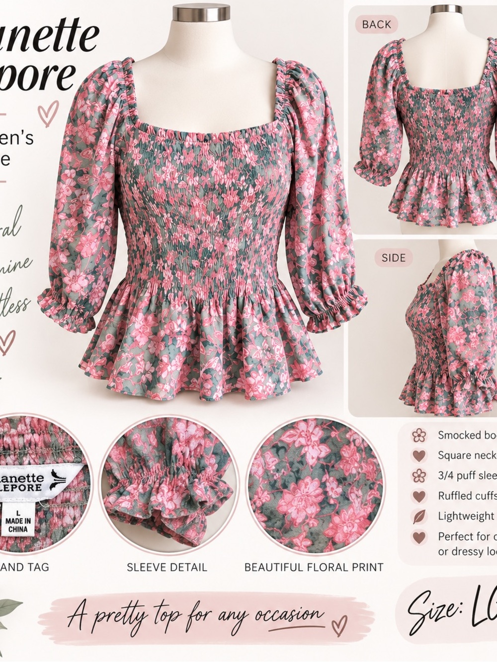 Nanette Lepore Pink and Green Floral Smocked Square-Neck Peplum Blouse